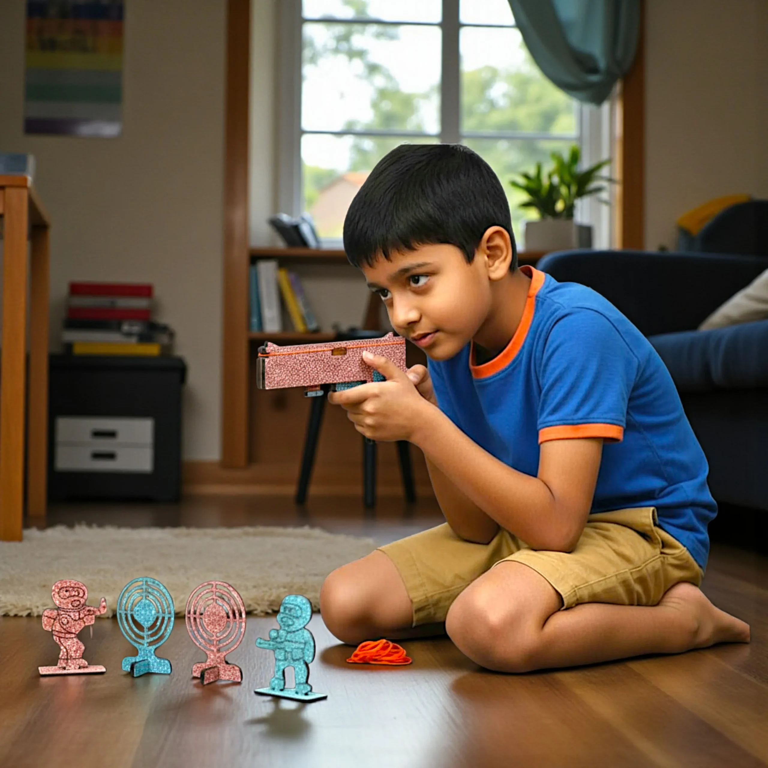 kids playing rubber band gun toy together in friendly competition