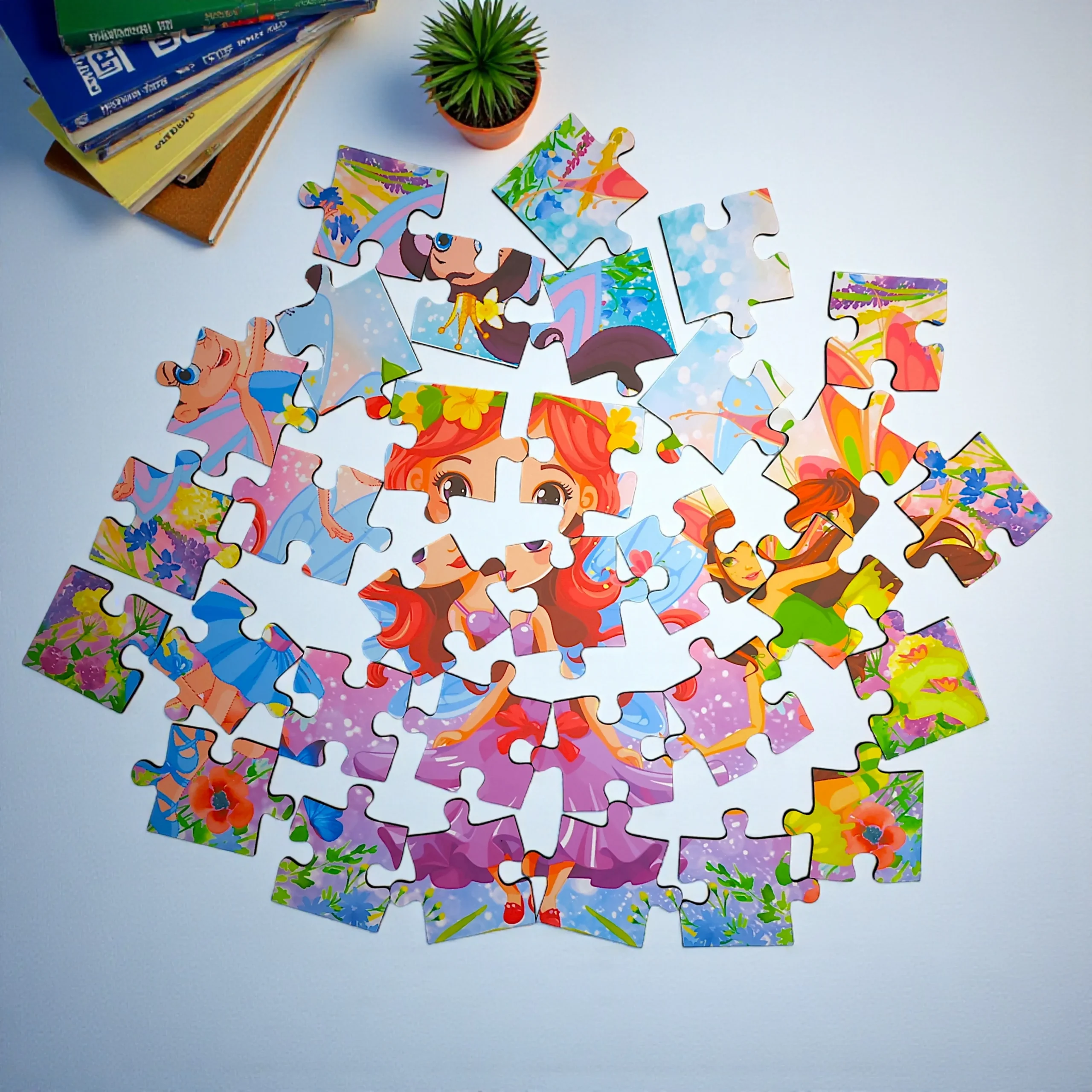 close up of unicorn and fairy jigsaw puzzle artwork bright colors