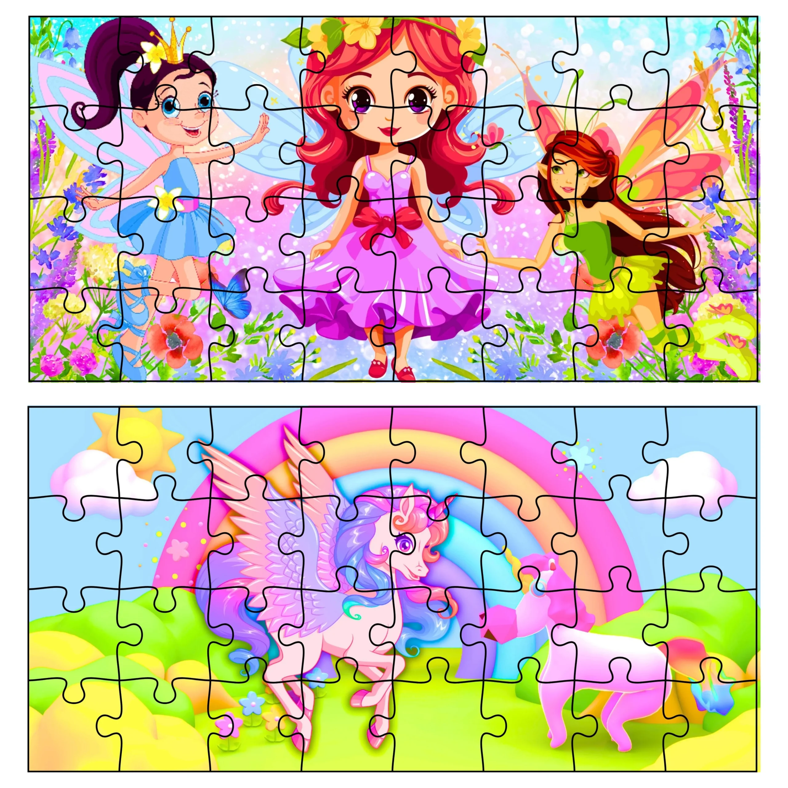 full unicorn and fairy jigsaw puzzle layout with all pieces visible