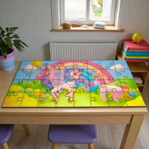unicorn fairy jigsaw puzzle set up on kids play table