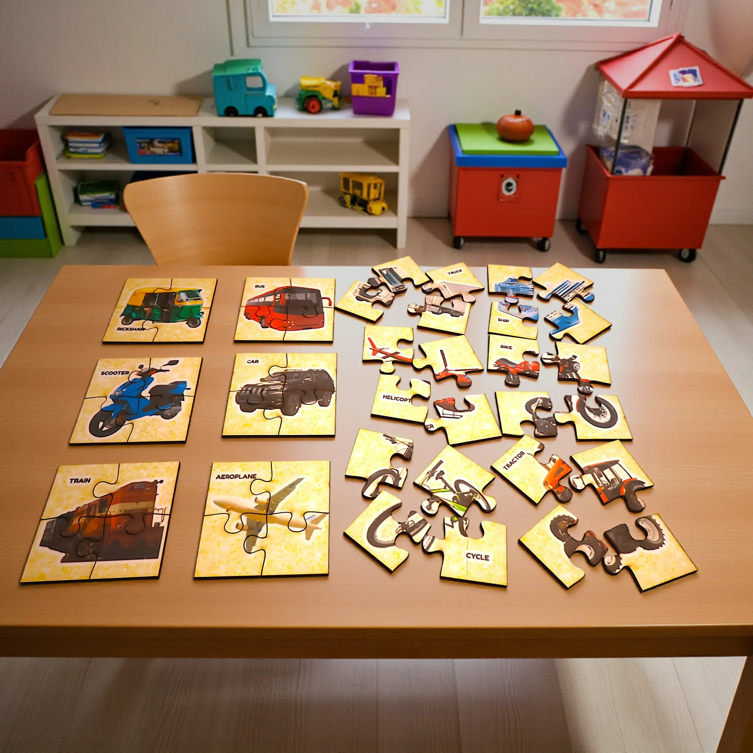 vehicle puzzle section with cars, buses and trucks to introduce kids to transport through puzzles