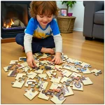 close up of wooden jigsaw puzzle board showing animal figures and vehicle shapes for children