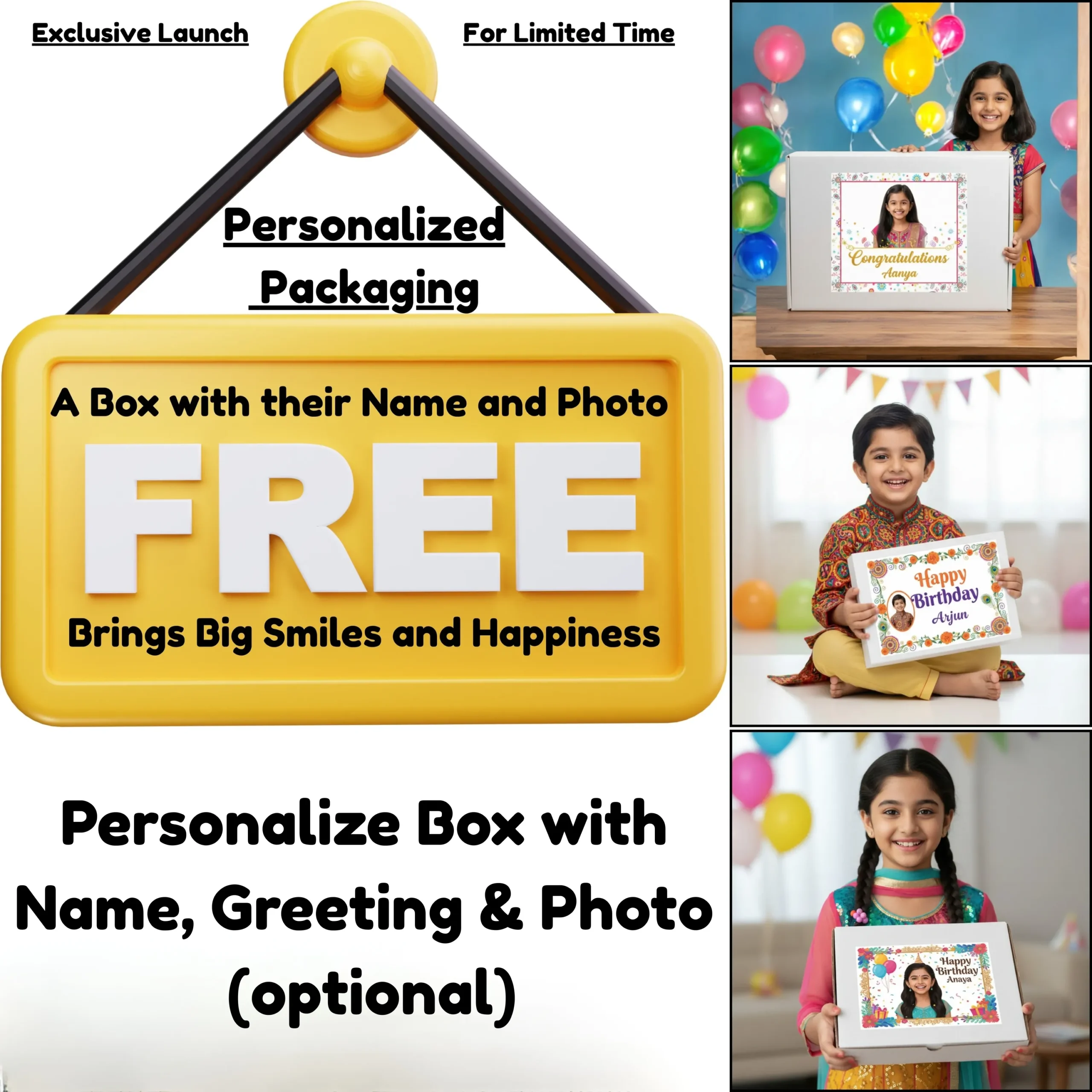 Free customized box packaging with child photo and greeting message for a personalized kids gift